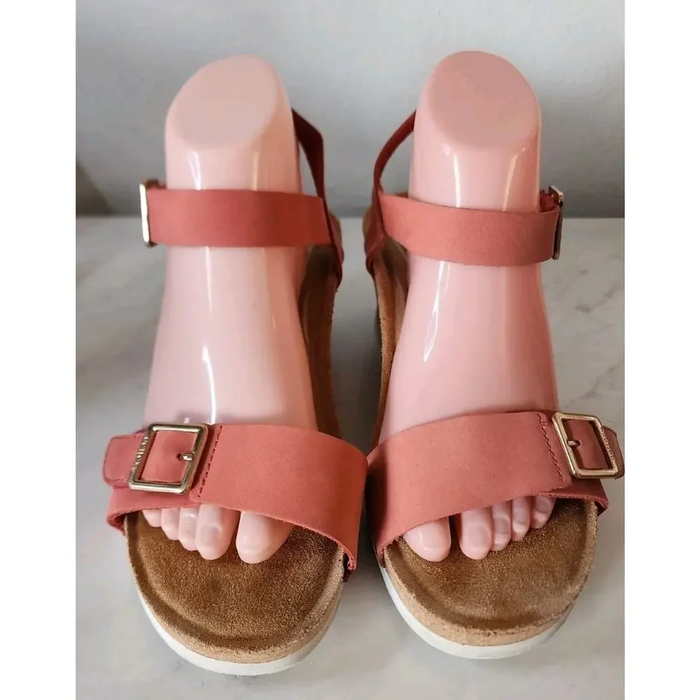 Aetrex Lexa Orthotic Strap Wedge Sandal Coral Leather Sz 9-9.5 Cork Sandal